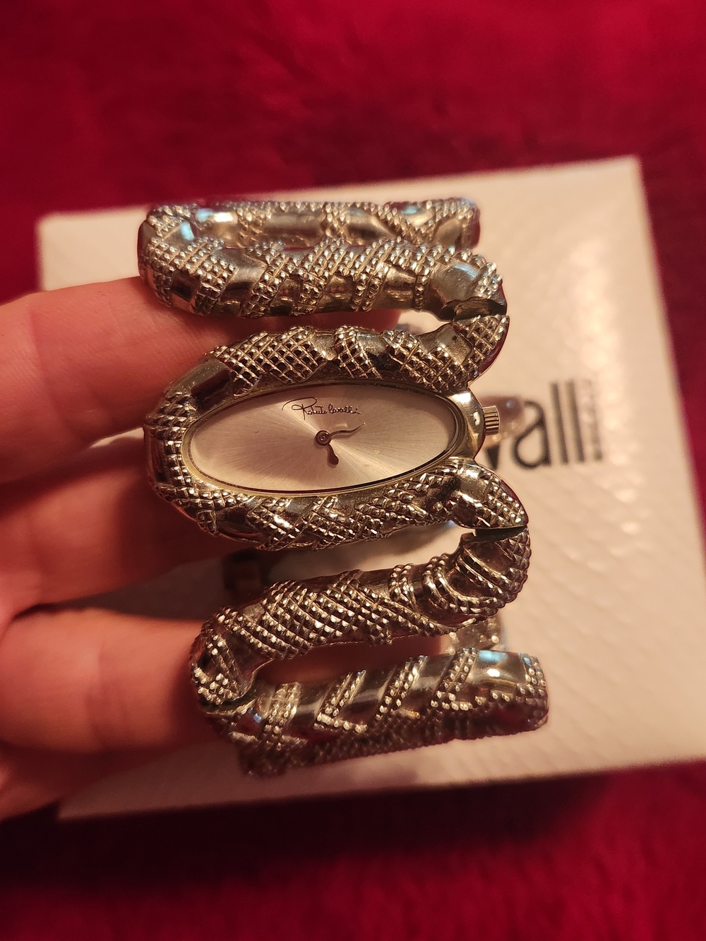 Roberto Cavalli Silver Snake-Style Wrap Watch Bracelet